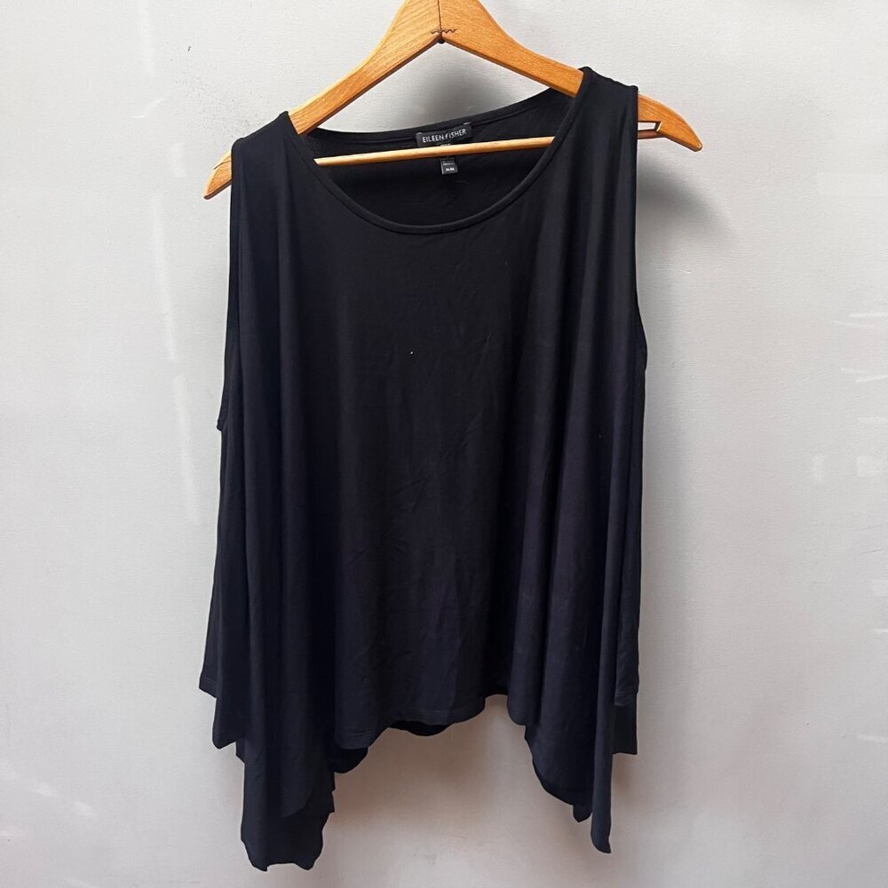 Eileen Fisher Black Sleeveless Asymmetrical Hem Shawl Tank Top M‎